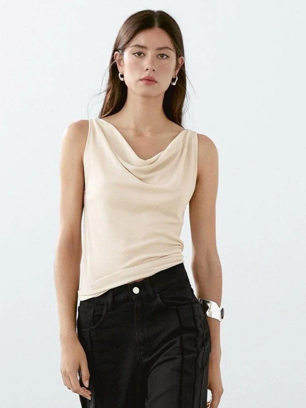 NWOT THEORY COWL-NECK SLEEVELESS TOP in Beige size S